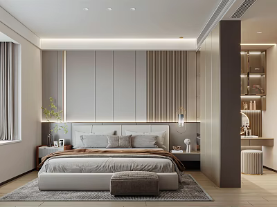 Modern Bedroom Interior Design With Large Bed Padded Bench Rug And Wall Paneling 3d model