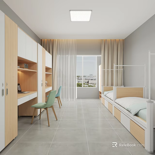 School Dormitory Interior Featuring Beds Desks Chairs Cabinets And Windows 3d model