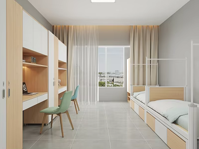 School Dormitory Interior Featuring Beds Desks Chairs Cabinets And Windows 3d model