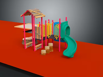 Playground Equipment Featuring Green Slide Pink Climbing Frame Wooden Top And Stump Steps 3d model
