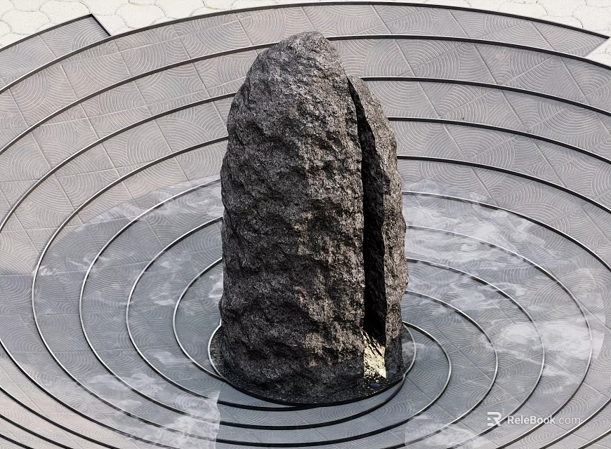 Rustic Stone And Wood Garden Feature With Concentric Circular Ground Patterns 3d model 