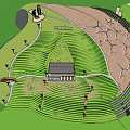Scenic Green Terraced Landscape With Small Pavilion Wind Turbines Trees And Flags