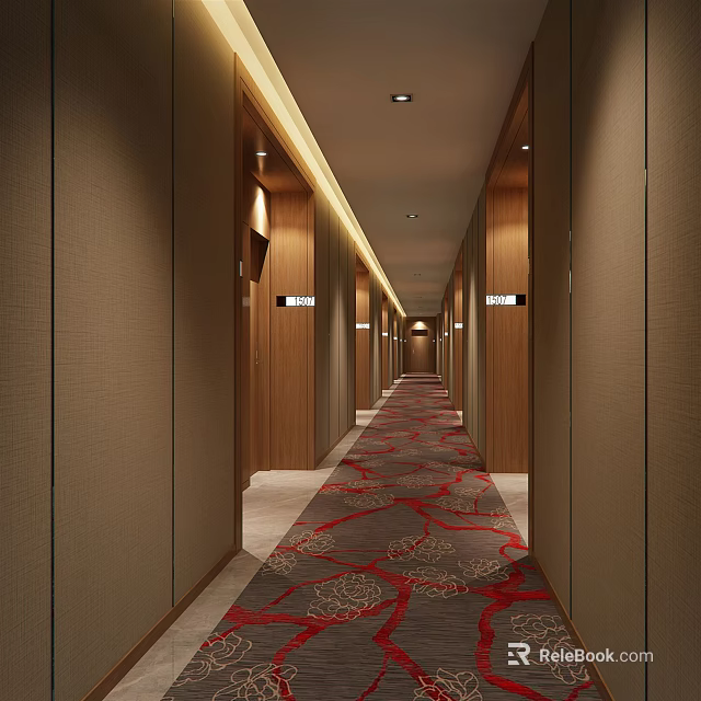 Hotel Corridor With Wooden Walls Patterned Red And Gray Carpet And Recessed Ceiling Lights 3d model 