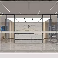 Modern Office Reception Desk With Marble Wall Company Logo And Ceiling Lights