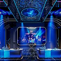 Modern KTV Interior With Blue Lighting LED Screen Stage And Tables 3d model
