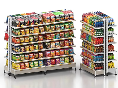 Retail Store Metal Shelving Units Stocked With Colorful Snack And Beverage Packages On Wheels 3d model