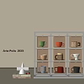 Colorful Ceramic Mugs Displayed on Multi layer Shelf with Beige Wall and Decorative Object 3d model