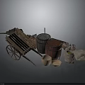 Vintage Rustic Scene With Wooden Cart Barrels Clay Pots Sacks And Wooden Bowls