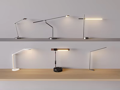 Modern Desk Lamps With Various Stylish Designs Displayed On Different Surfaces 3d model
