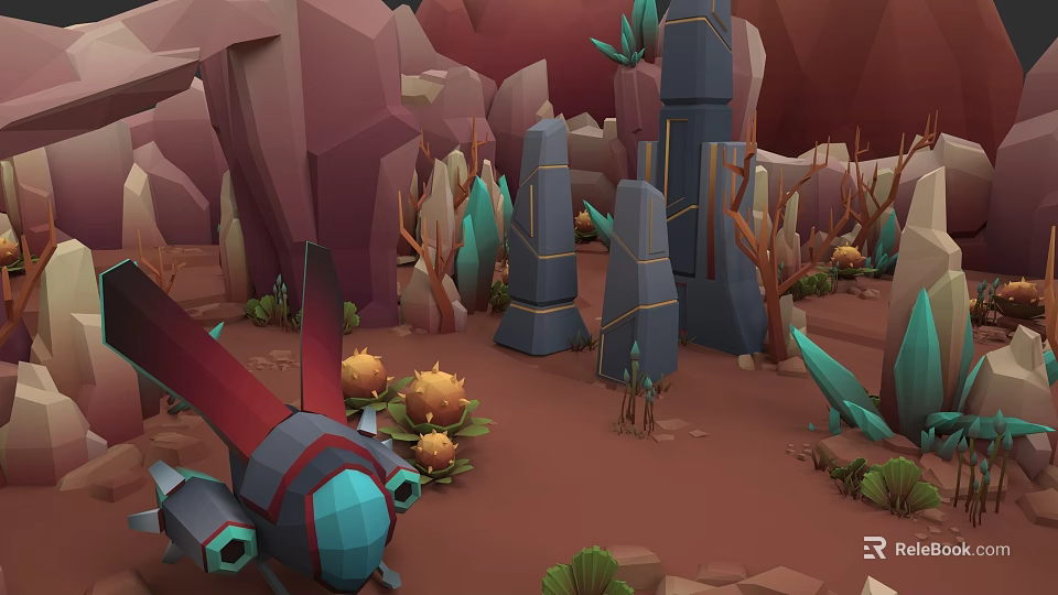 Colorful Fantasy Micro Terrain Scene With Geometric Rocks Vibrant Plants And Unique Tree Trunks 3d model 
