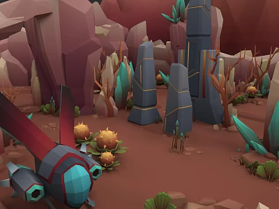 Colorful Fantasy Micro Terrain Scene With Geometric Rocks Vibrant Plants And Unique Tree Trunks 3d model
