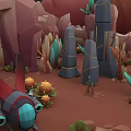 Colorful Fantasy Micro Terrain Scene With Geometric Rocks Vibrant Plants And Unique Tree Trunks