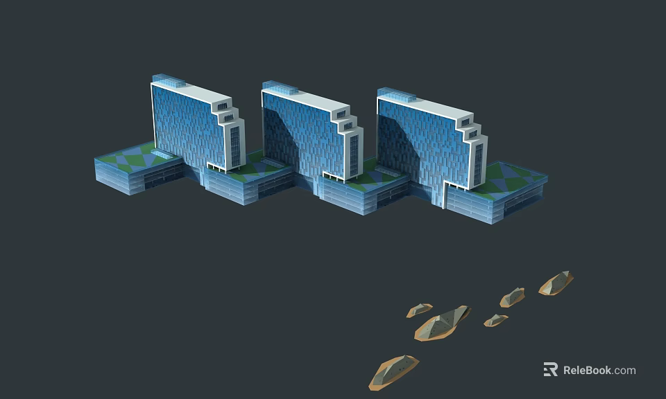 Modern High Rise Buildings 3D Model With Glass Curtain Walls Green Bases And Decorative Elements 3d model 