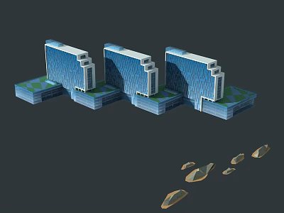 Modern High Rise Buildings 3D Model With Glass Curtain Walls Green Bases And Decorative Elements 3d model