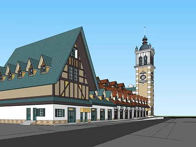 European Style Commercial Complex With Green Roof Clock Tower And Timber Frame Storefronts 3d model