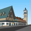 European Style Commercial Complex With Green Roof Clock Tower And Timber Frame Storefronts