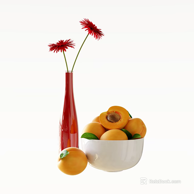 Fresh Ripe Apricots in White Bowl with Halved Fruit and Red Vase with Flowers 3d model 
