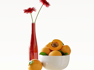 Fresh Ripe Apricots in White Bowl with Halved Fruit and Red Vase with Flowers 3d model