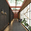 Modern Hotel Corridor Design With Gray Walls Wooden Ceiling Glass Walls Green Plants And Seating