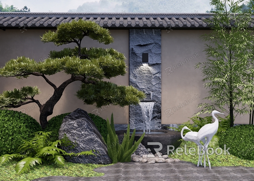 New Chinese Courtyard Sketches Landscape Wall Waterscape Zen Waterscape Sketches Flowing Water Bowl Flowers and Grass Green Planting Rock Stone Landscape Stone model