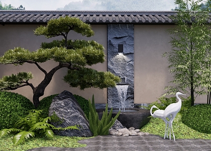 New Chinese Courtyard Sketches Landscape Wall Waterscape Zen Waterscape Sketches Flowing Water Bowl Flowers and Grass Green Planting Rock Stone Landscape Stone 3d model