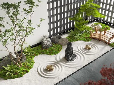 Traditional Zen Rock Garden Design With Buddha Statue Stone Lanterns Moss And Wooden Bridge 3d model
