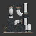 Ornate Architectural Scene Component With Colorful Columns Curved Pipes And Red Accents