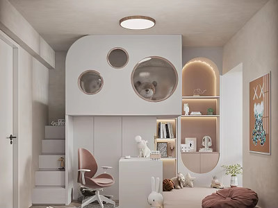 Modern Kids Room Interior Design With Loft Bed Round Windows Study Desk And Storage Shelves 3d model
