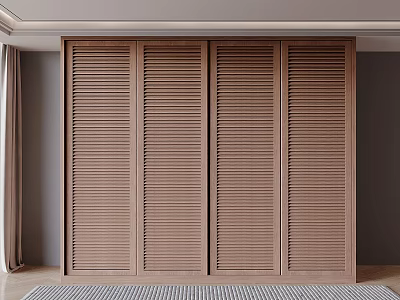 Modern Wooden Wardrobe With Louvered Doors And Sleek Design For Contemporary Bedroom Storage 3d model