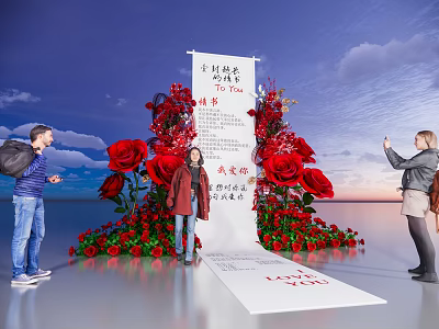 Popular Romantic Photo Check-in Spot With Large Red Roses And Love Theme Sign 3d model