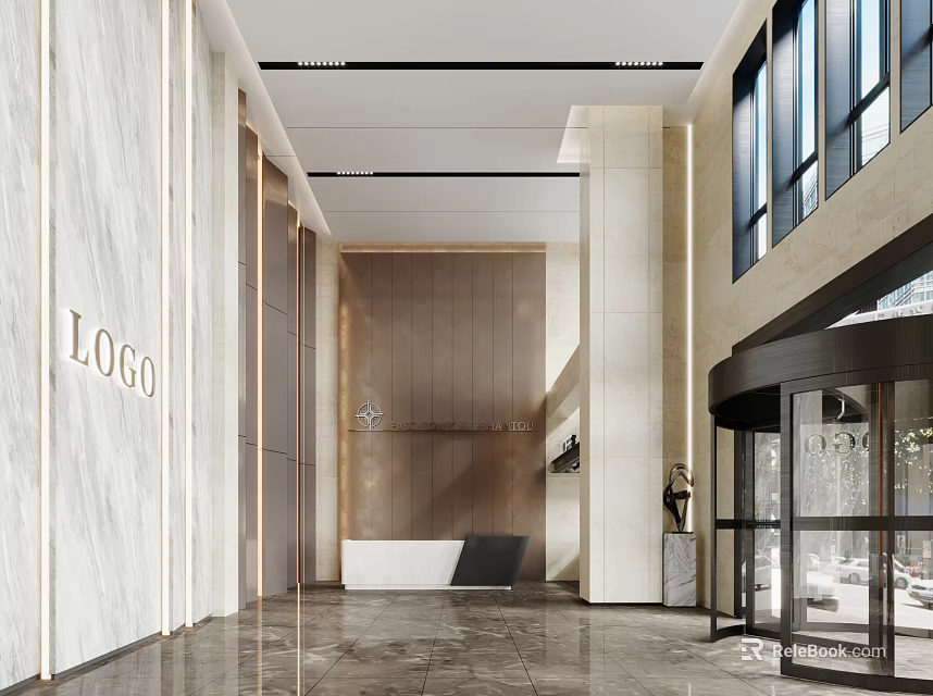 Modern Hotel Lobby With Marble Walls Front Desk Revolving Door And Floor to Ceiling Windows 3d model 