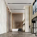Modern Hotel Lobby With Marble Walls Front Desk Revolving Door And Floor to Ceiling Windows