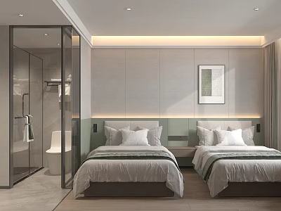 Modern Hotel Guest Room With Two Beds Green Headboard Glass Shower And Framed Artwork 3d model