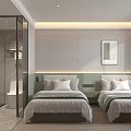 Modern Hotel Guest Room With Two Beds Green Headboard Glass Shower And Framed Artwork