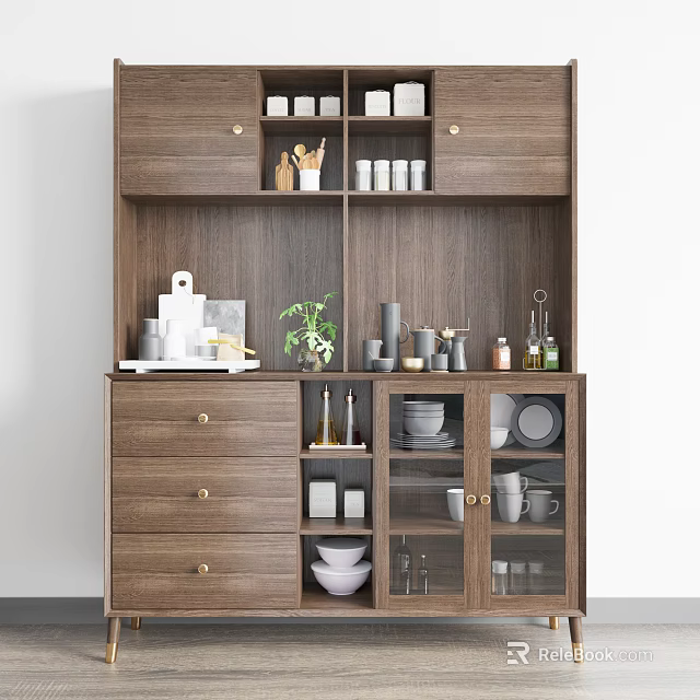 Modern Wooden Sideboard With Open Shelves Drawers Glass Doors And Tableware 3d model 