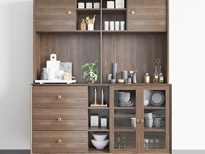 Modern Wooden Sideboard With Open Shelves Drawers Glass Doors And Tableware 3d model