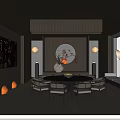 Modern Private Dining Room With Wooden Ceiling Round Dining Table Calligraphy Decor And Scenic View