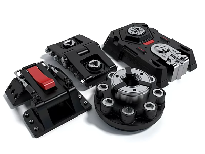 Black Industrial Mechanical Components With Red Button Circular Structure Gear Details 3d model
