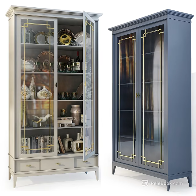 White And Navy Blue Display Cabinet With Glass Doors Gold Accents And Decorative Items 3d model 