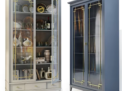 White And Navy Blue Display Cabinet With Glass Doors Gold Accents And Decorative Items 3d model