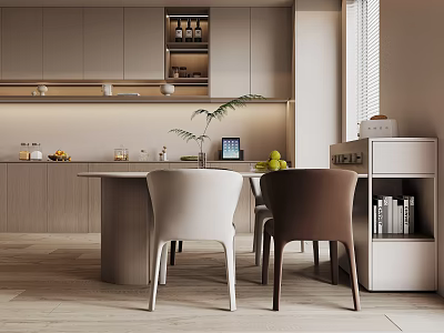 Modern Dining Table Set With White Brown Chairs Wooden Kitchen Cabinetry Green Plant And Fruit 3d model