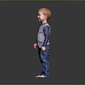 Cute Little Boy Standing Barefoot In Gray And Blue Long Sleeve Shirt And Jeans