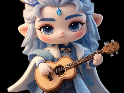 Cartoon Man with Blue Hair Pointed Ears Holding Wooden Guitar in Blue White Outfit 3d model