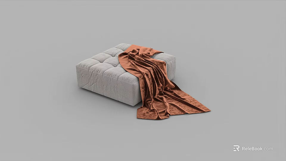 Modern Gray Quilted Sofa Stool With Orange Blanket Draped Over 3d model