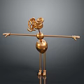 Golden Abstract Humanoid Character with Curly Hair Spherical Body and Slender Limbs on Dark Background
