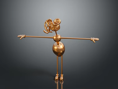 Golden Abstract Humanoid Character with Curly Hair Spherical Body and Slender Limbs on Dark Background 3d model