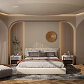 Modern Bedroom Interior With Arched Walls Circular Decor Nightstands Green Plant And Rug
