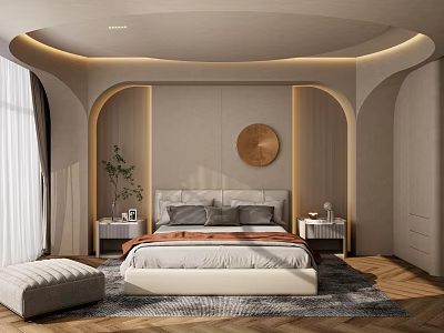 Modern Bedroom Interior With Arched Walls Circular Decor Nightstands Green Plant And Rug 3d model