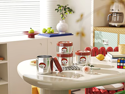 White Modern Dining Table With Metal Storage Tins Fruits Vase And Building Blocks 3d model