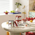 White Modern Dining Table With Metal Storage Tins Fruits Vase And Building Blocks